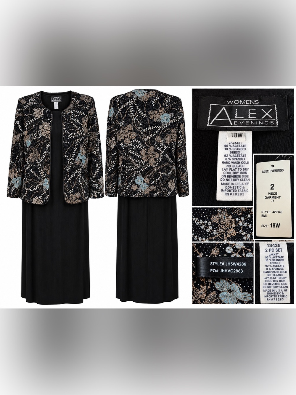 Alex Evenings 2 Pc Formal Dress & Jacket Set 18W NWT Black Floral